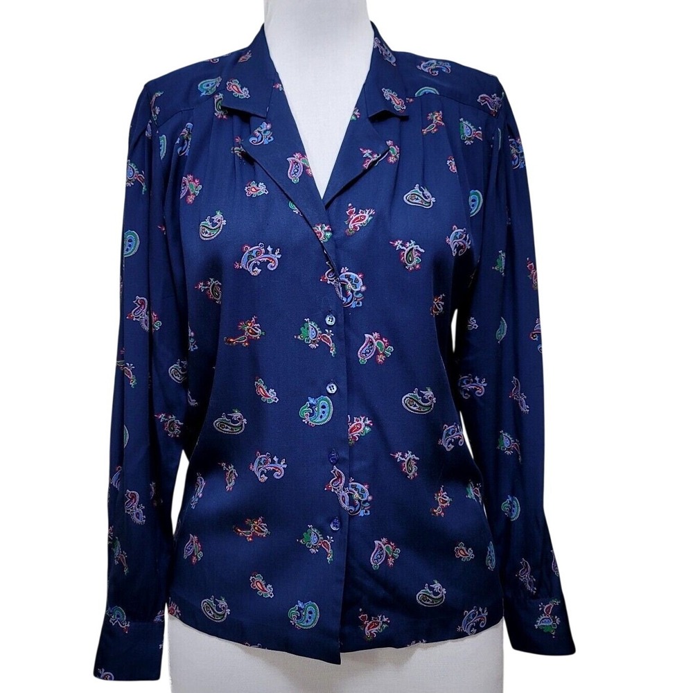 80s 90s Liz Claiborne Vintageโ Navy Blue Paisley Rayon Button Down Blouse Size 6